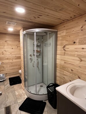 Shower, towels, soap, shampoo