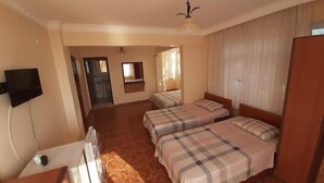 Habitación de hotel con dos camas, televisión, ventilador de techo y vistas al exterior.