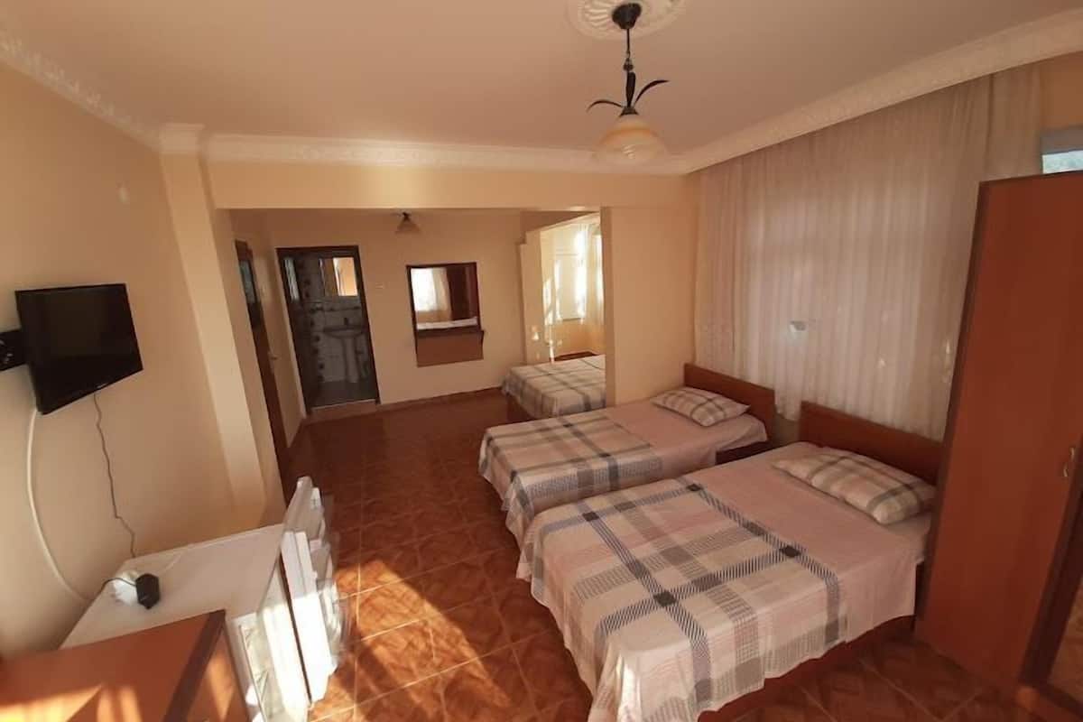 A hotel room with two beds, a TV, a ceiling fan, and a view of the outside.