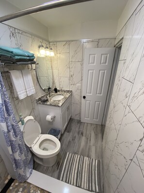 Shower, towels, soap, toilet paper