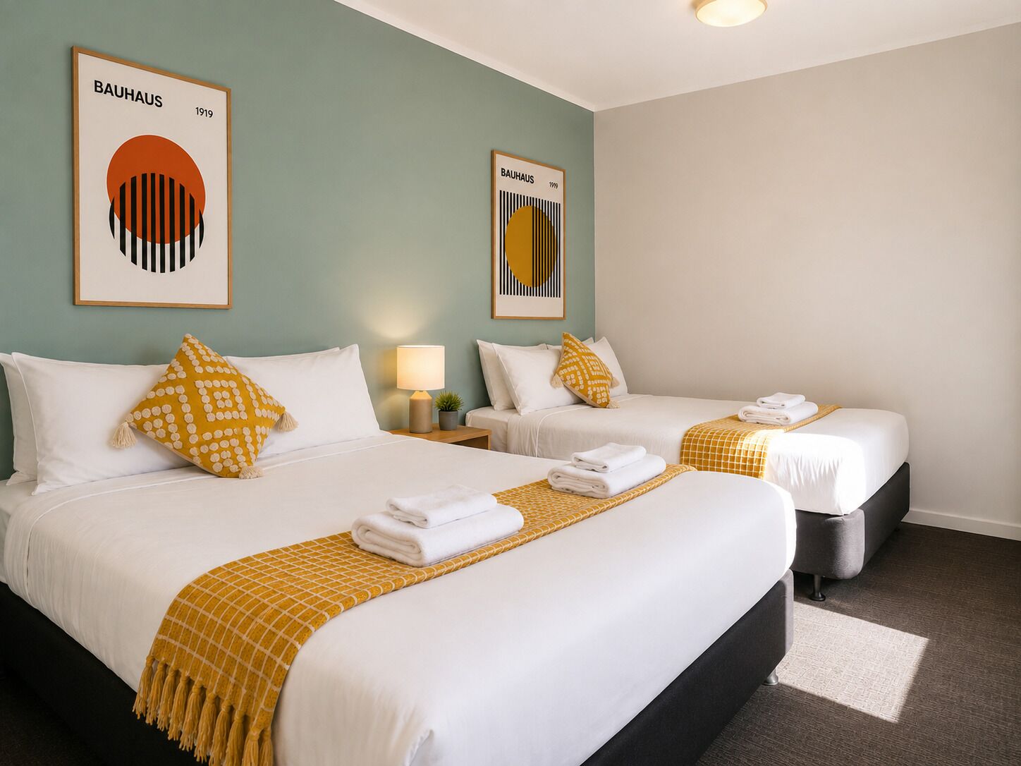 Een hotelkamer met twee bedden, elk met witte beddengoed en gele accenten, een klein nachtkastje met een lamp, en twee lijstwerken van Bauhaus kunst aan de muur.