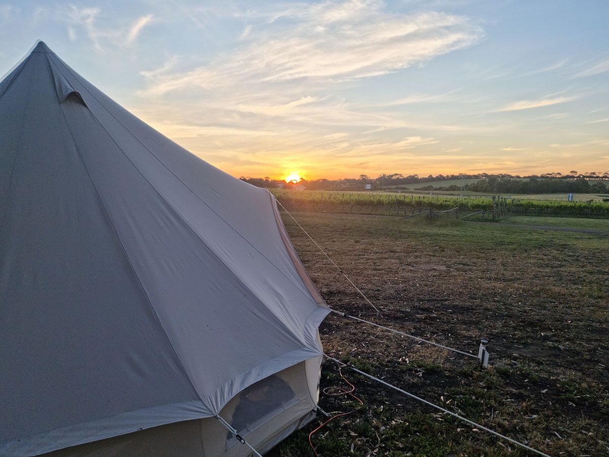 A tent set up in an open field with a sunset in the background.