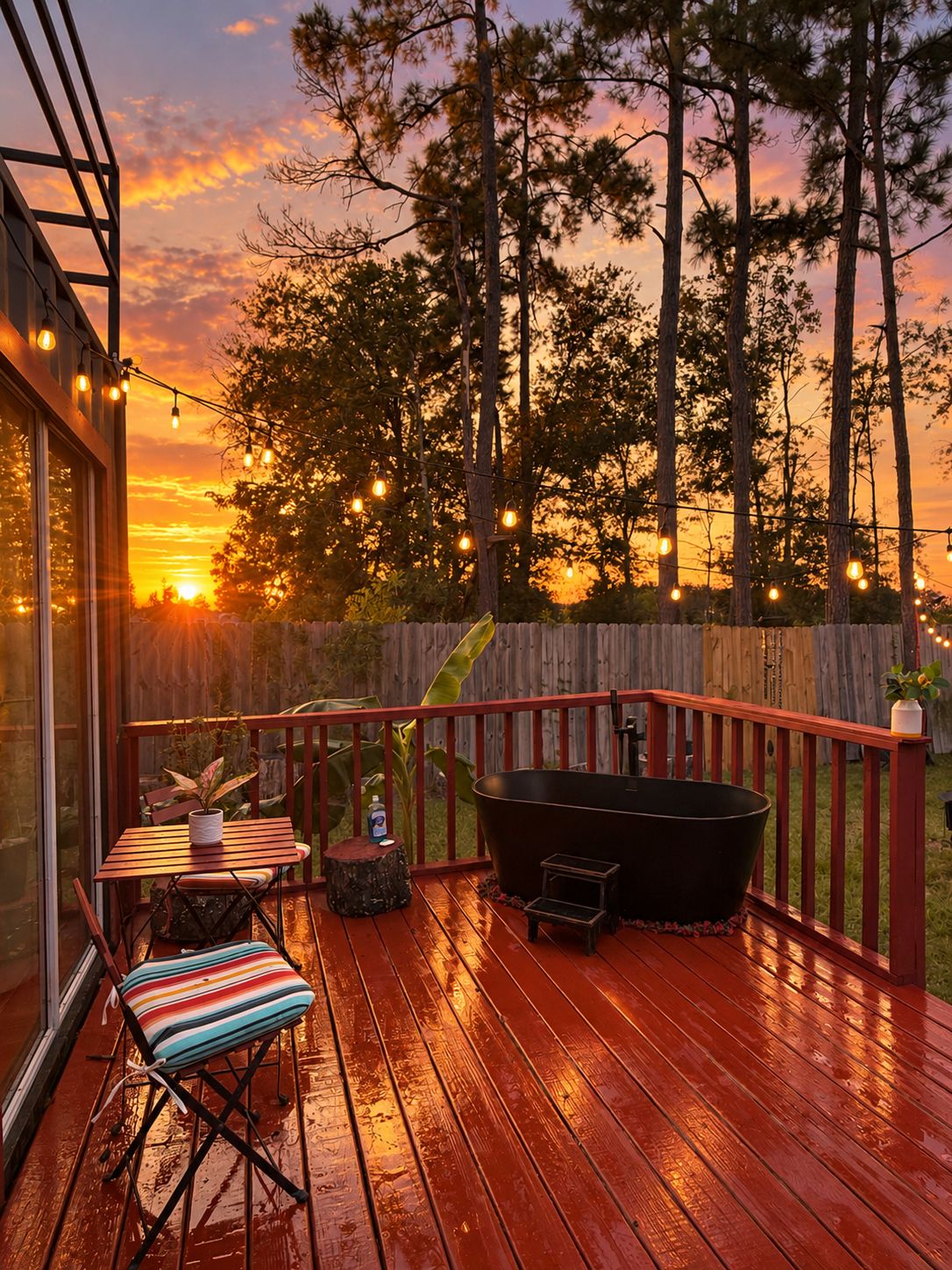 Eine Holzterrasse mit Tisch und Stühlen, einer schwarzen Badewanne und Lichterketten vor einem Sonnenuntergang.