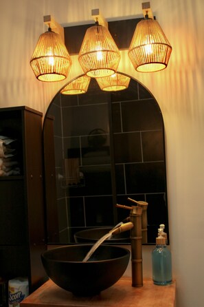 Hair dryer, towels, soap, toilet paper