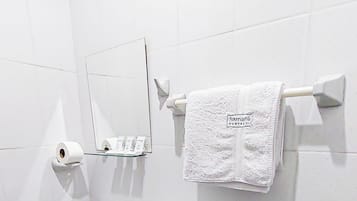 Shower, towels, soap, shampoo