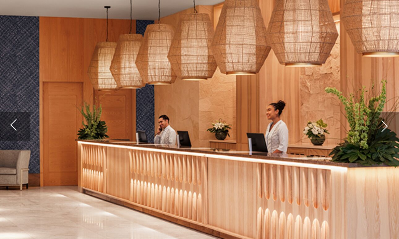 Un espace d’accueil doté d’un comptoir de réception en bois, de plusieurs luminaires suspendus et de plantes en pot.