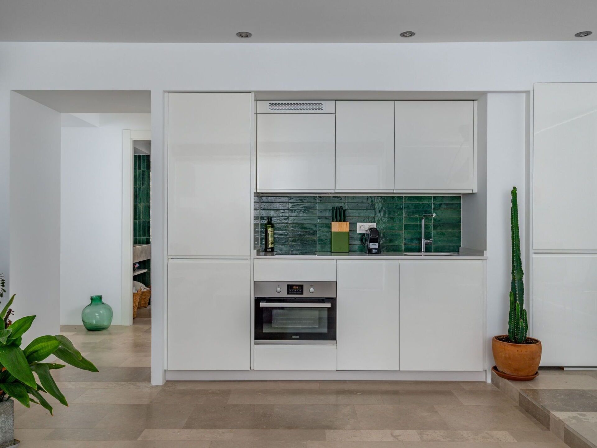 Een moderne keuken met witte kastjes, een ingebouwde oven, een groene spatwand en een cactus in een pot.