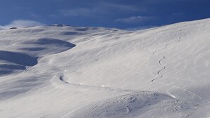 A snow-covered mountain slope with visible ski tracks. - Studio 4 ppl, balcony, near the ski station (Les Deux Alpes)