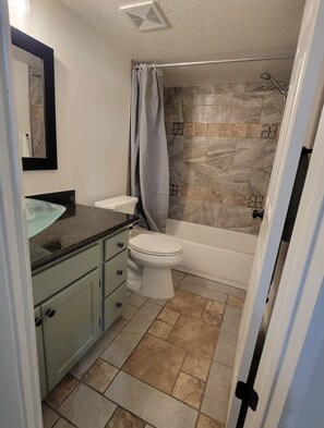 Hair dryer, towels, toilet paper