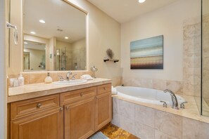 Shower, jetted tub, hair dryer, towels