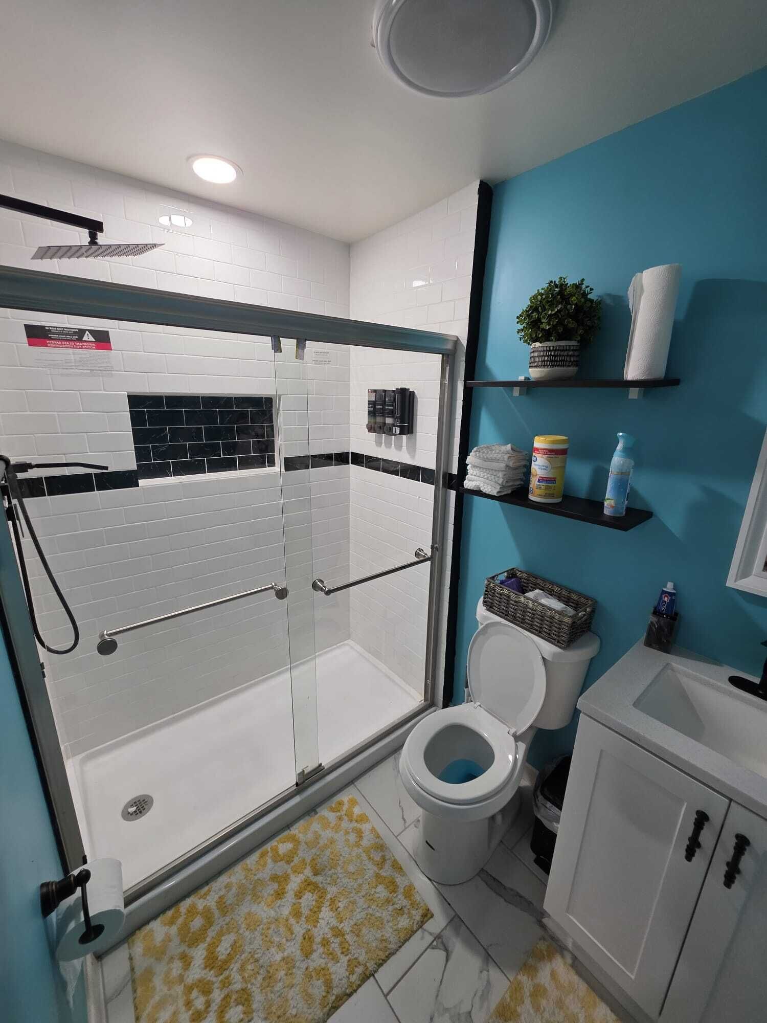 Hair dryer, bidet, towels, soap