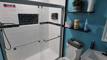 Hair dryer, bidet, towels, soap
