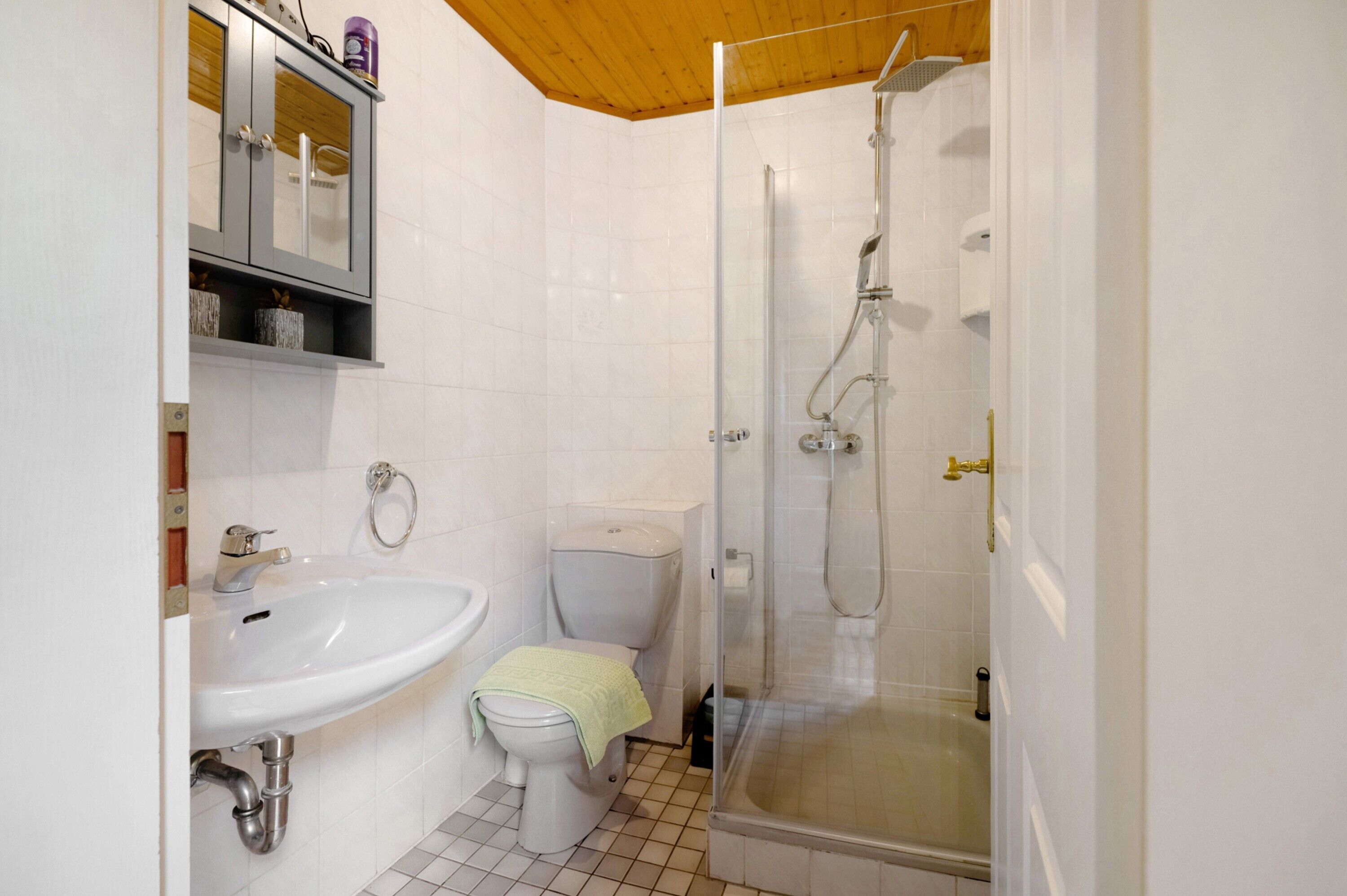 Een badkamer met een wastafel, toilet, douche en een kastje met toiletartikelen.