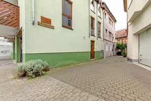 A narrow cobblestone street with a building featuring a green and white facade, a wooden door, and a small bush in front.