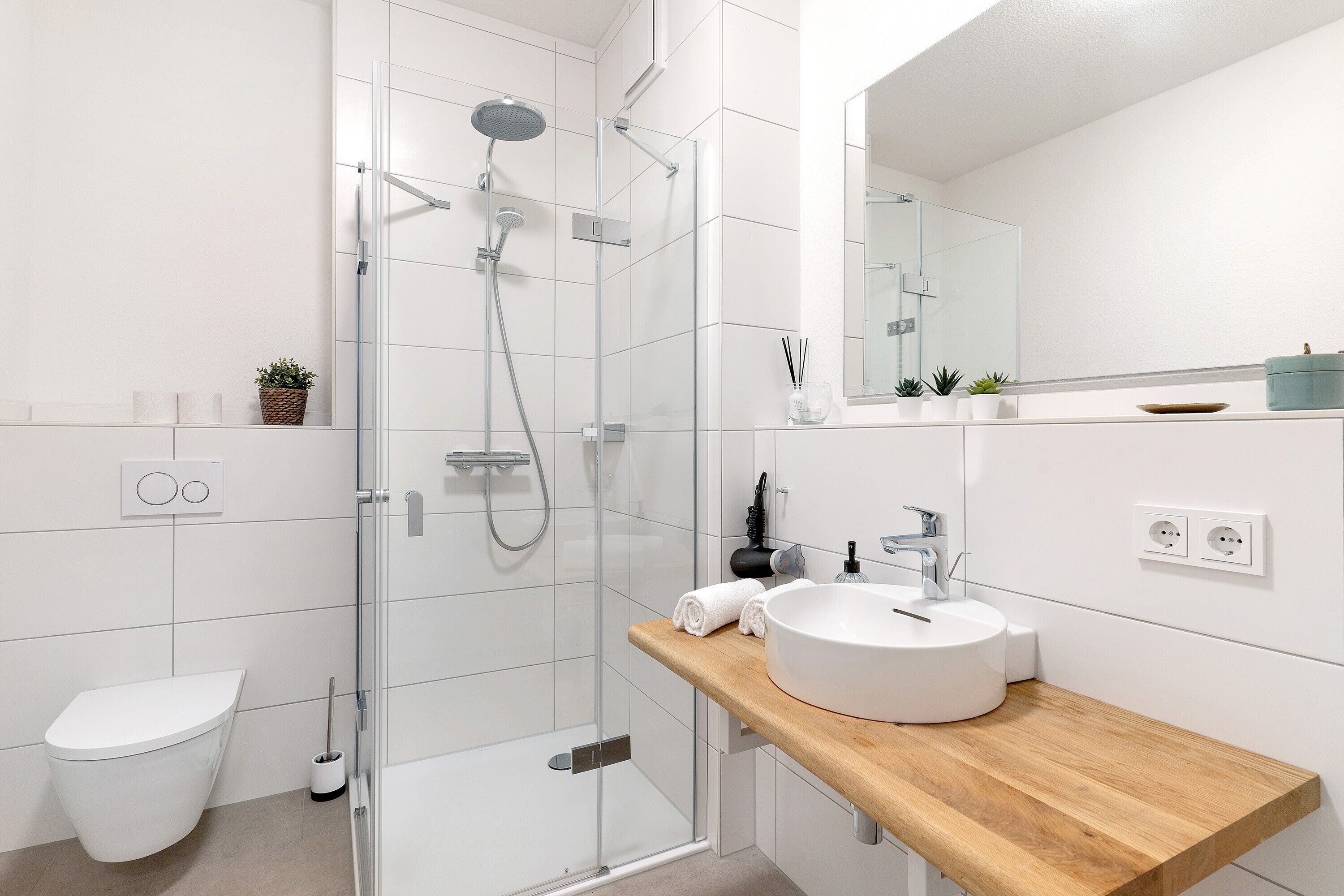 Shower, hair dryer, towels
