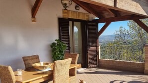 A wooden dining table with wicker chairs, a potted plant, and a dog on a balcony with a view of the countryside. - La Vigna di Ranco Agriturismo (Paglieta)