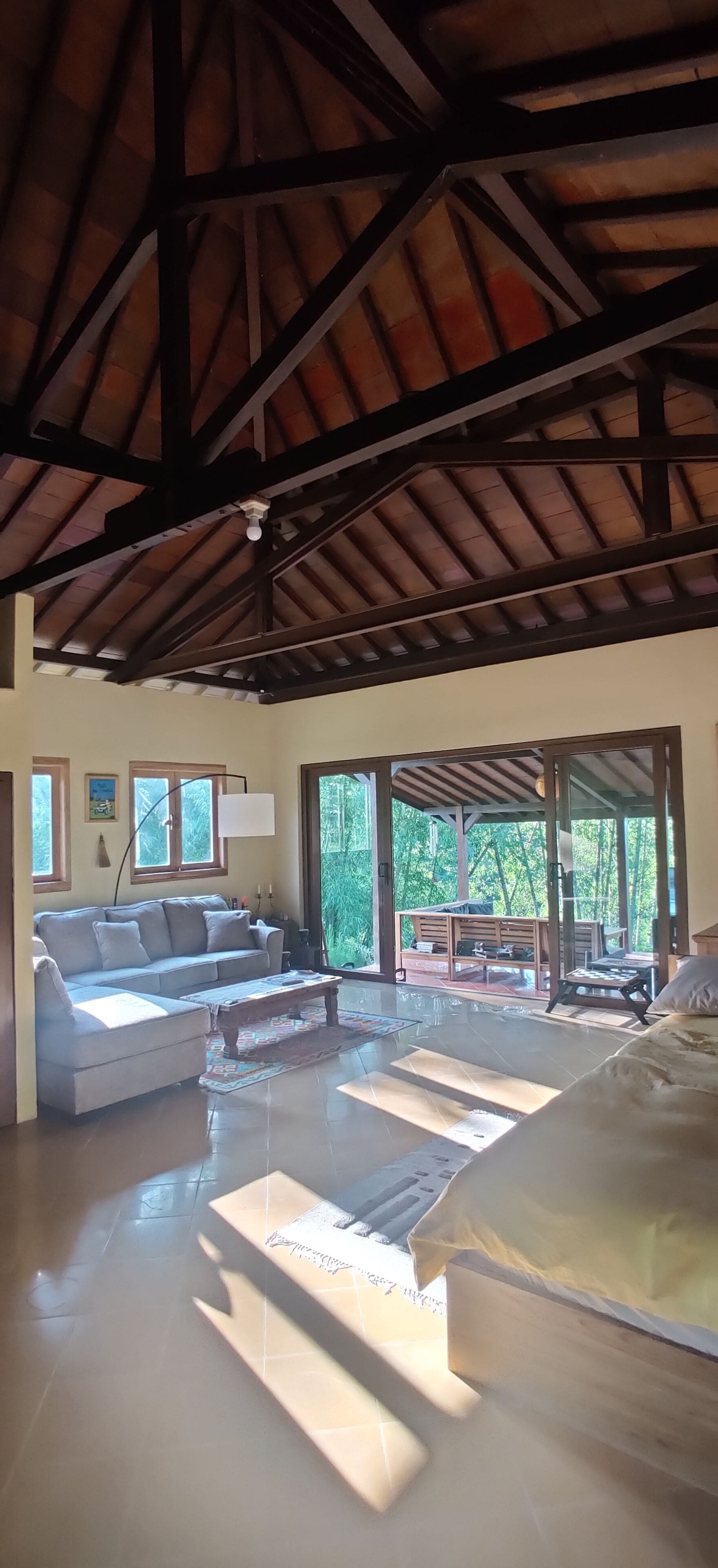 Televisión, chimenea, libros, estéreo