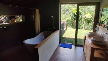 Eco-friendly toiletries, hair dryer, towels, soap