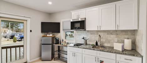 Microwave, stovetop, coffee/tea maker, toaster