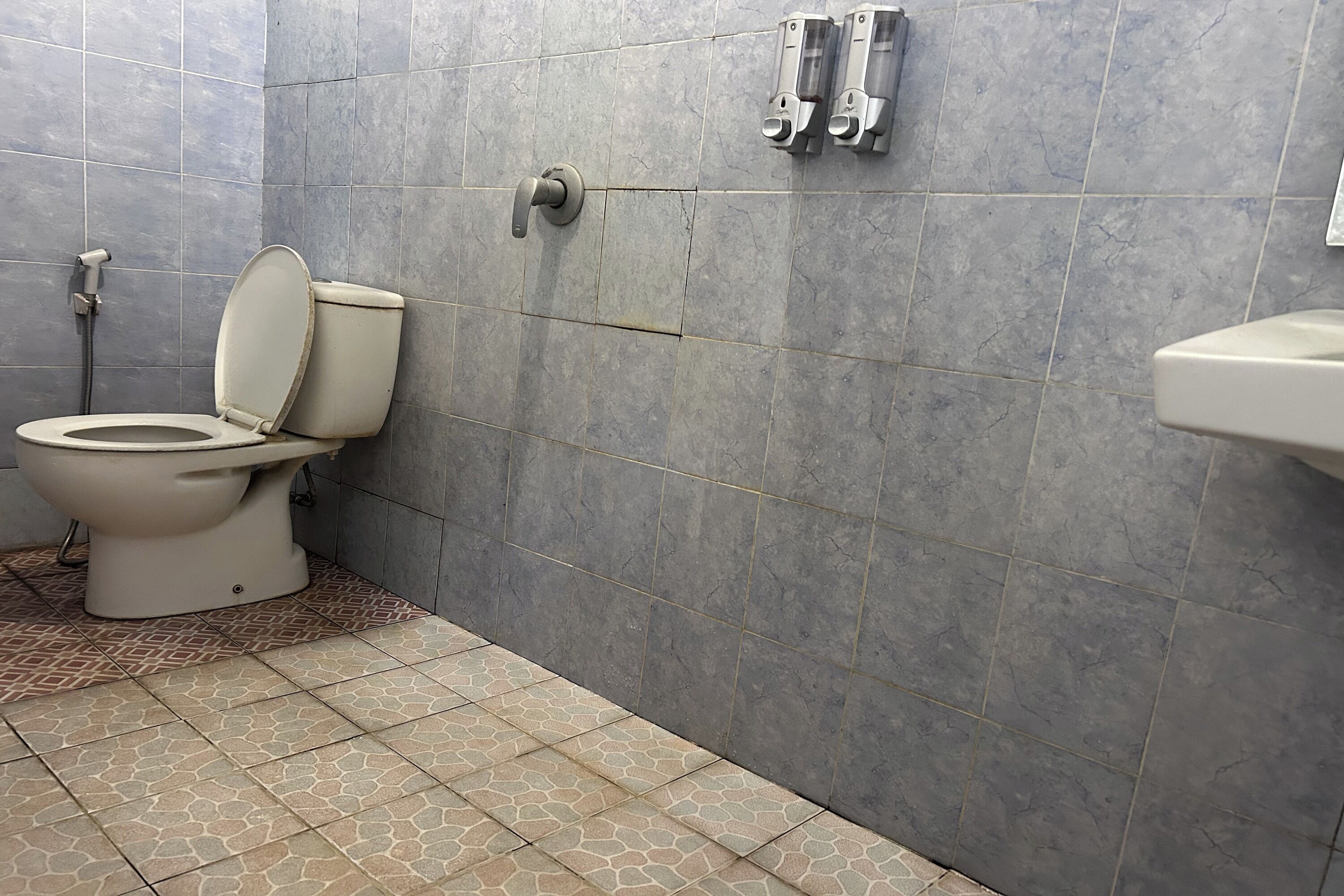 A bathroom with a toilet, a sink, and a wall-mounted hand dryer.