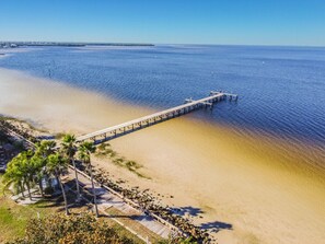 A beach with a wooden pier extending into the water, surrounded by palm trees and a clear sky.