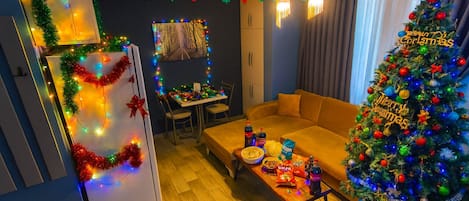 35-inch flat-screen TV with cable channels, TV