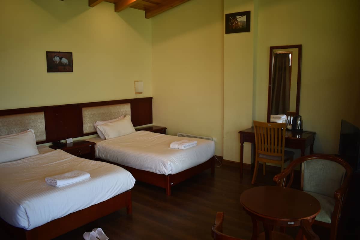 A hotel room with two beds, a wooden chair, a round table, and a mirror.