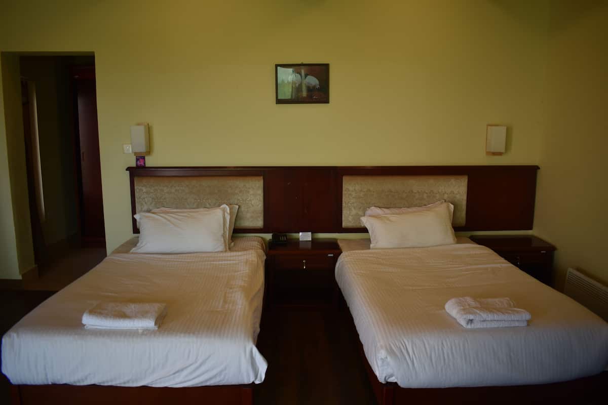A hotel room with two beds, each with a pillow and a folded towel. There is a nightstand between the beds, and a painting on the wall above.