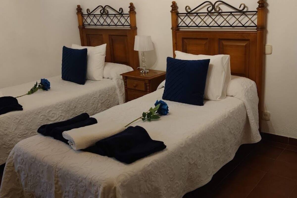 Quarto de hotel com duas camas de solteiro, cada uma com almofada azul e edredom branco. Pequeno criado-mudo com abajur e um vaso com uma única rosa vermelha. Uma mesa branca com um vaso contendo uma única rosa azul também é visível.