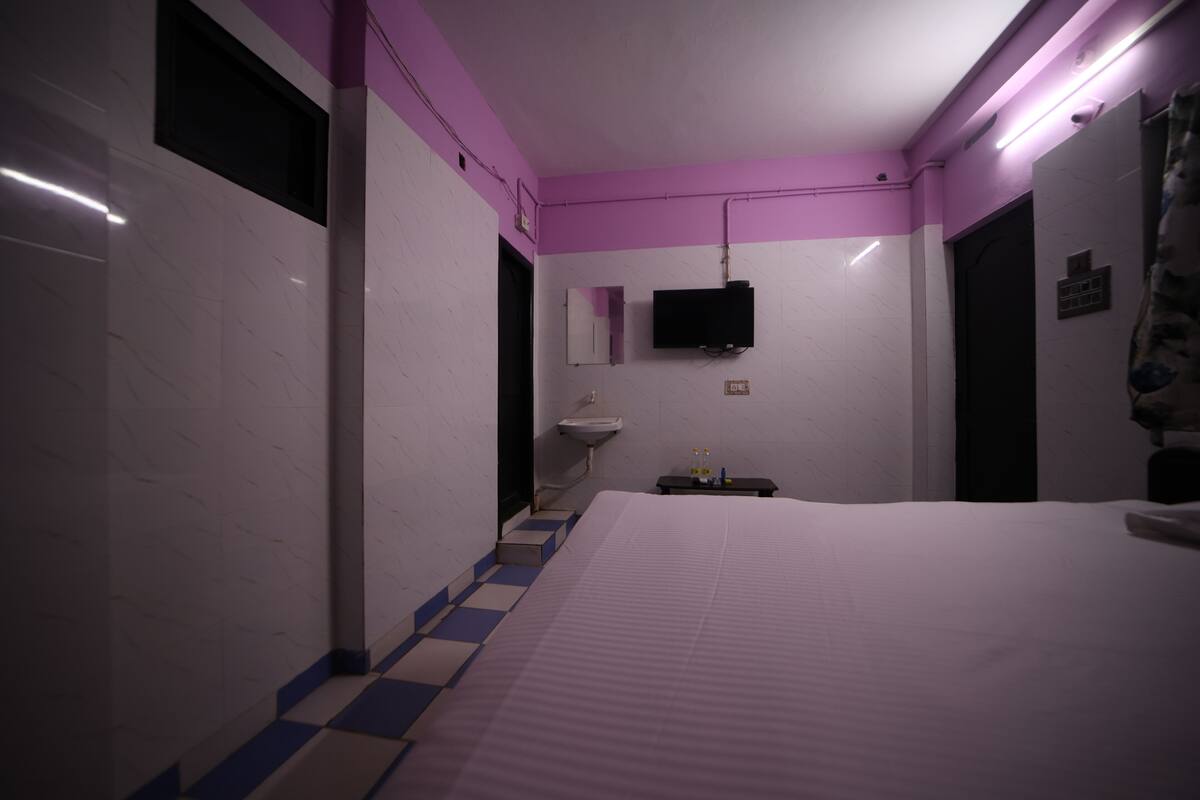 A hotel room with a bed, a sink, and a television.