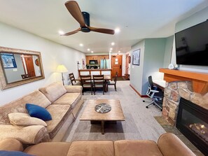 Smart TV, fireplace, table football