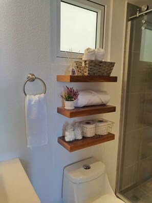 Hair dryer, towels, soap, shampoo