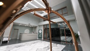 Zona de recepción de un hotel con diseño moderno, que incluye un mostrador, un amplio acceso por puerta de vidrio y suelo de mármol.