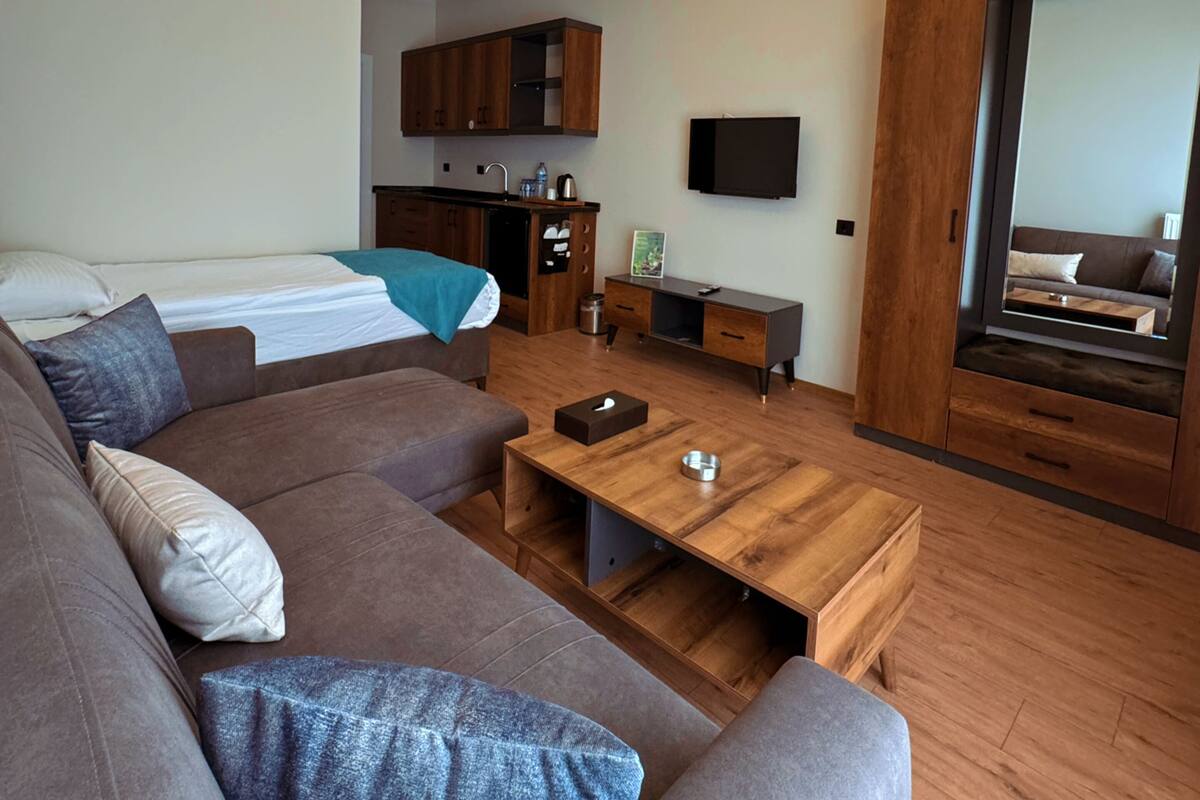 A modern living room with a sofa, wooden coffee table, and a TV mounted on the wall.