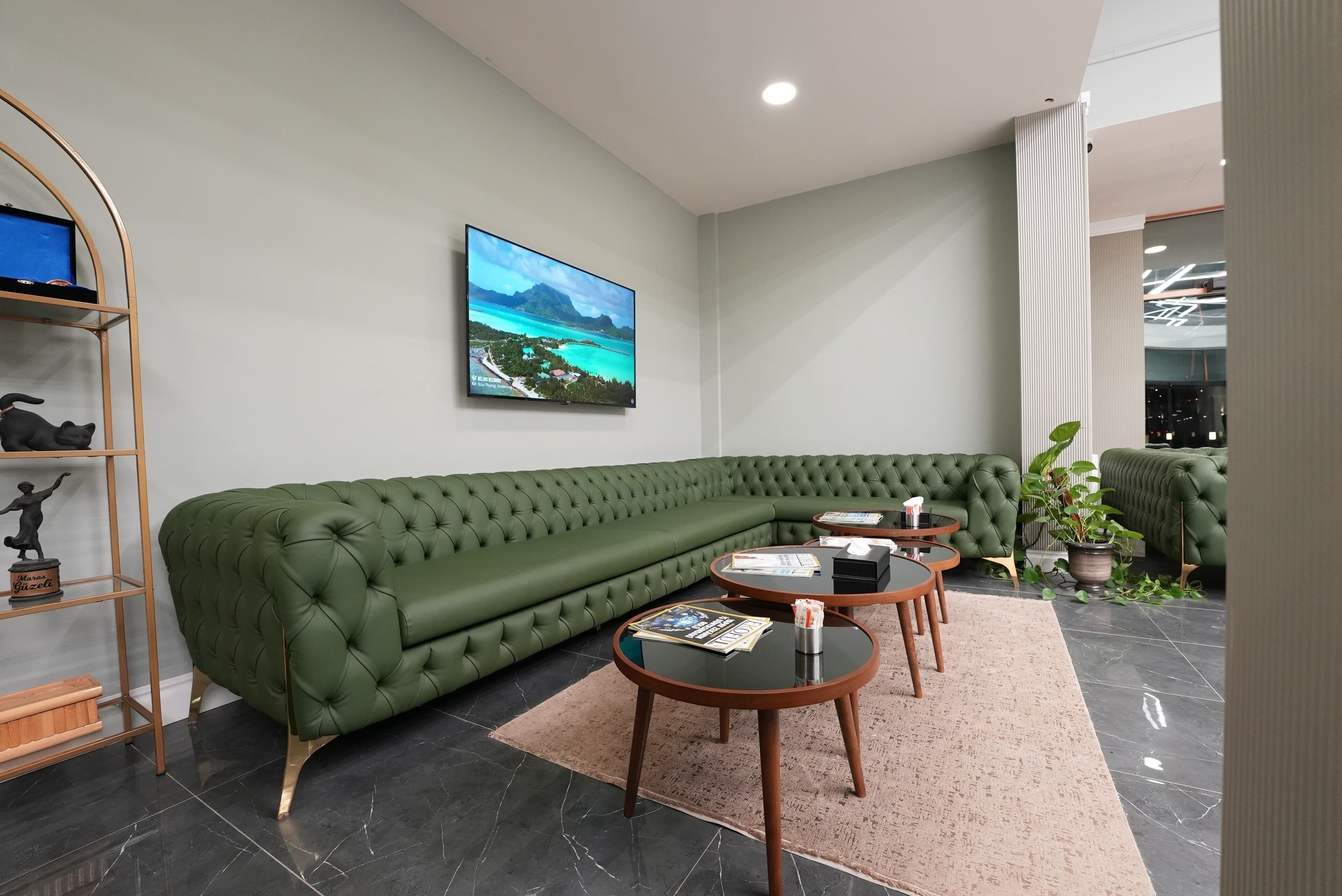Een moderne woonkamer met een groene bank, twee ronde tafels, een televisie aan de muur en een plant in een pot.