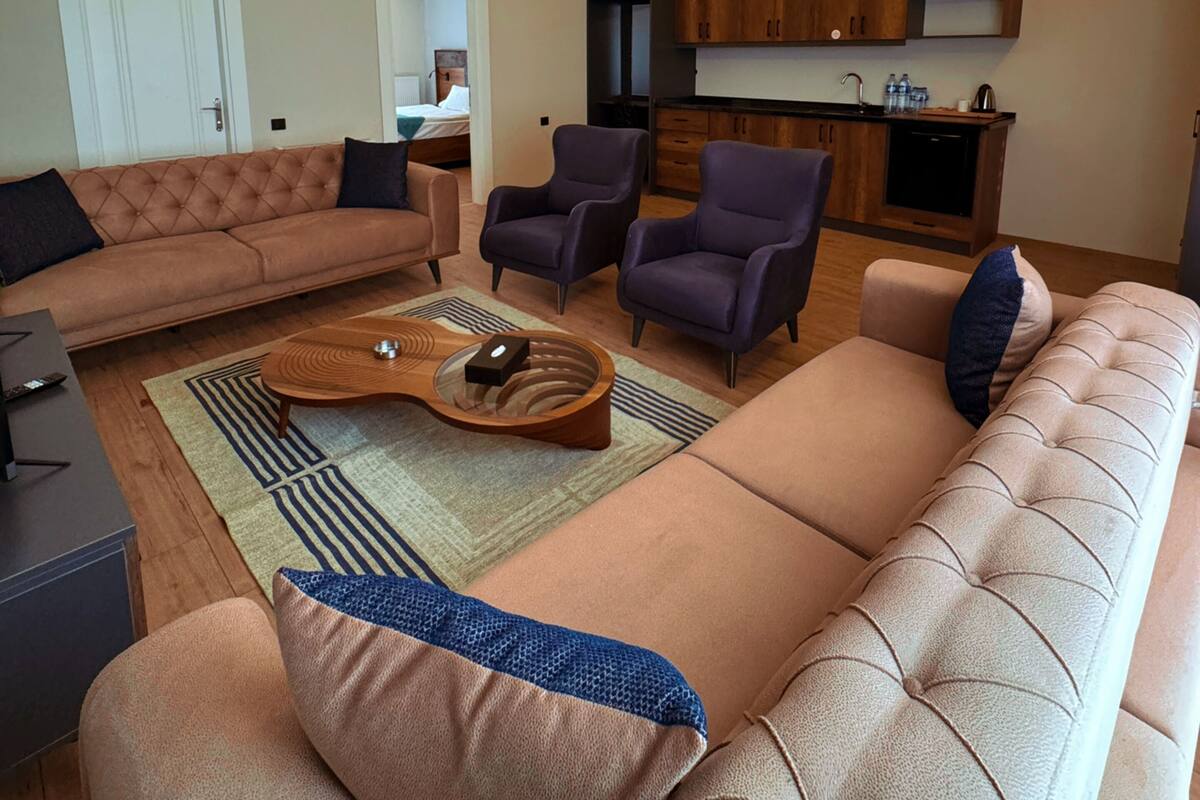 A modern living room with a sofa, armchairs, and a coffee table. There is a kitchen area with wooden cabinets and a countertop.