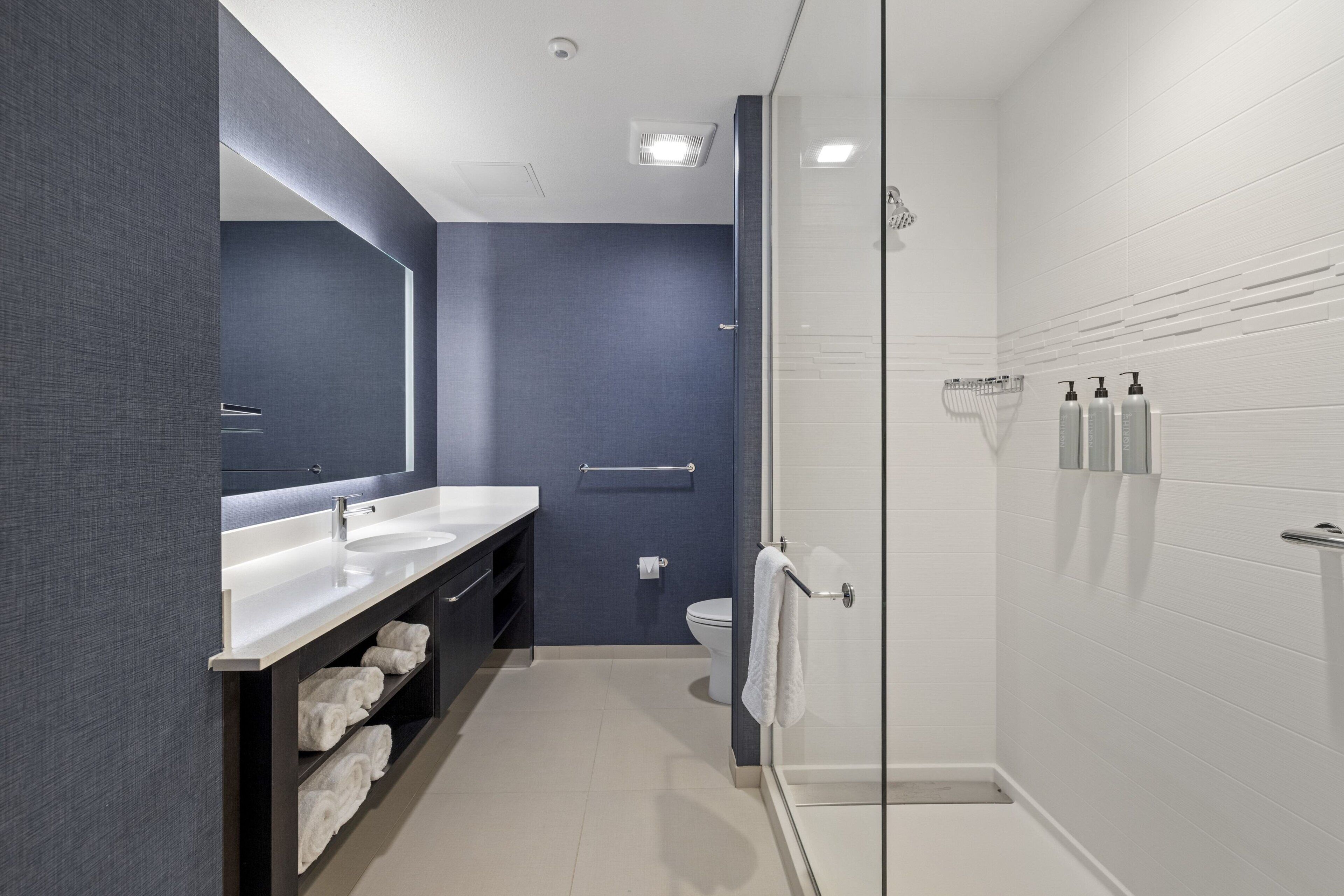 A modern bathroom with dual sinks, a glass shower enclosure, and a dark blue accent wall.