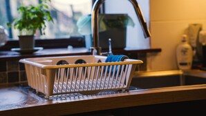 Un évier de cuisine avec un robinet moderne, un égouttoir et une plante en pot en arrière-plan.