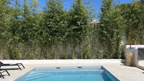 A rectangular swimming pool with clear blue water, surrounded by a concrete deck and a row of trees. - Villa Entre Pinède et Calanques de Marseille, 6 Chambres, 12 Couchages, Piscine (Marseille)