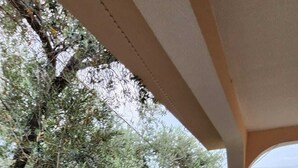 A balcony with a railing, a tiled floor, and a view of trees and shrubs. - Can Motel (Marmaris)