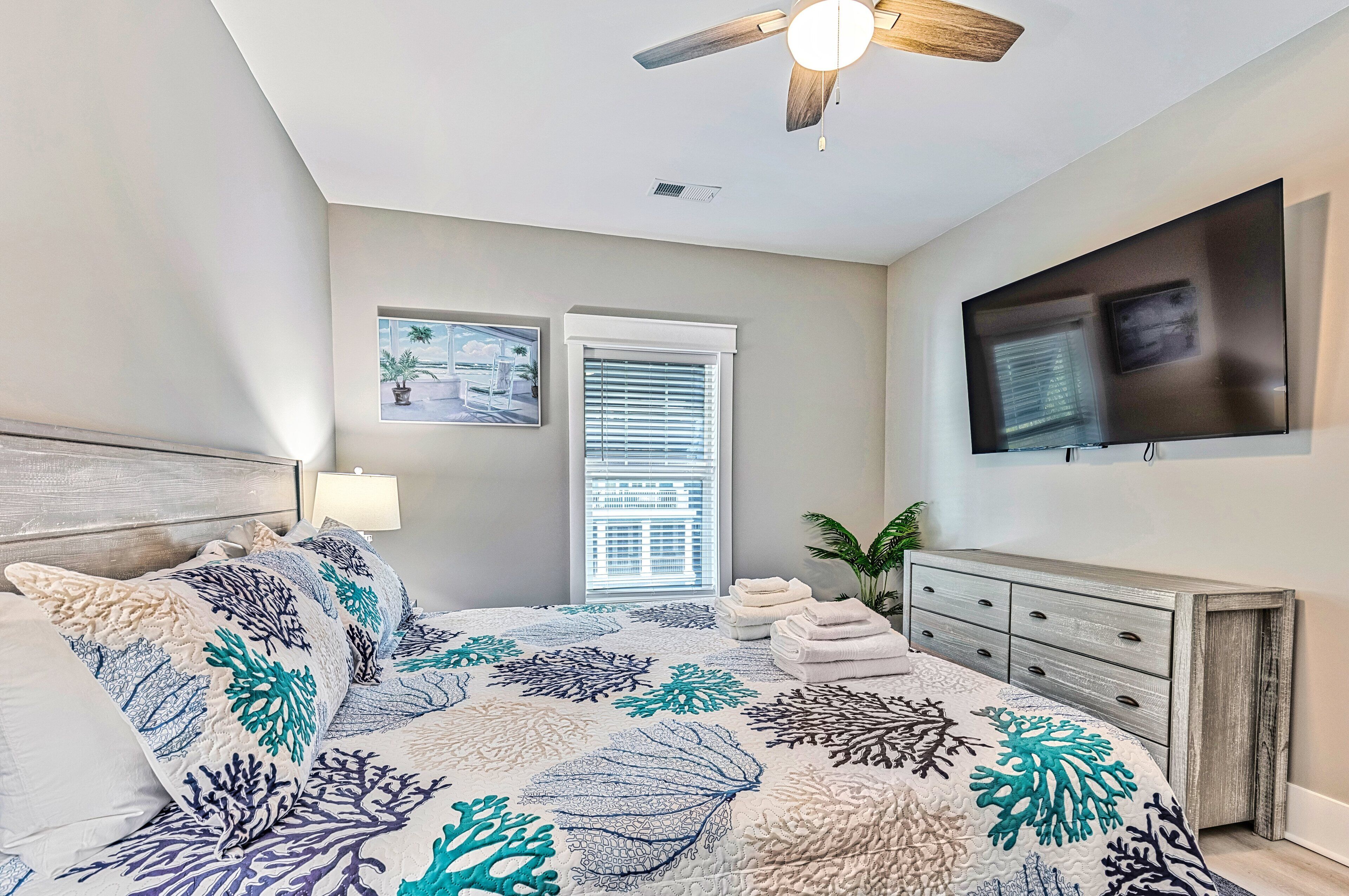 A bedroom with a bed, a ceiling fan, a TV mounted on the wall, a window with blinds, and a small plant.