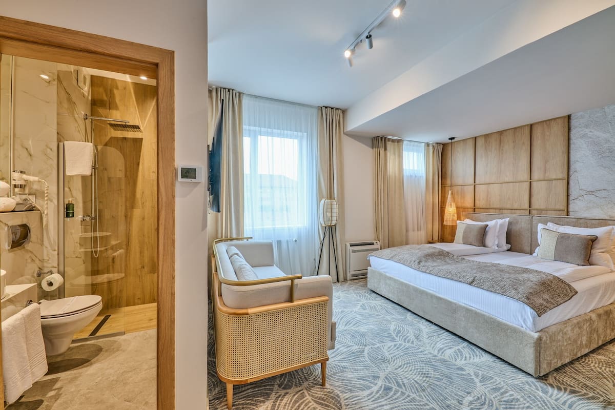 A hotel room with a large bed, a sitting area with a chair, a shower area, and a view of the outdoors.