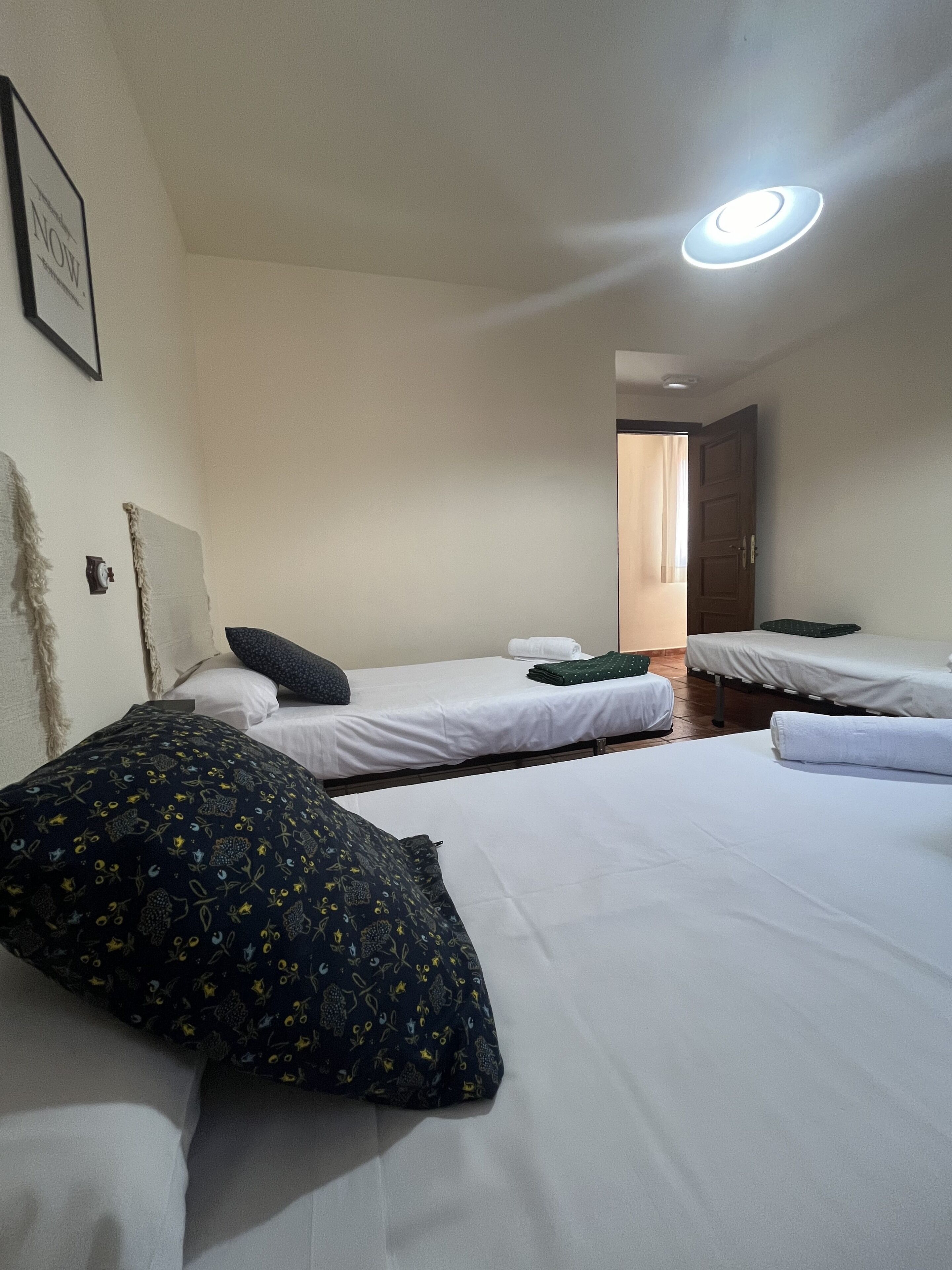 Una habitación de hotel con dos camas individuales, cada una con un colchón blanco y una almohada oscura estampada. Se observa una lámpara en el techo, y una puerta da a otra habitación.