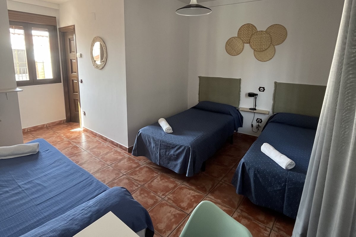 A hotel room with two single beds, a desk, a chair, a ceiling fan, and a wall-mounted decorative item.