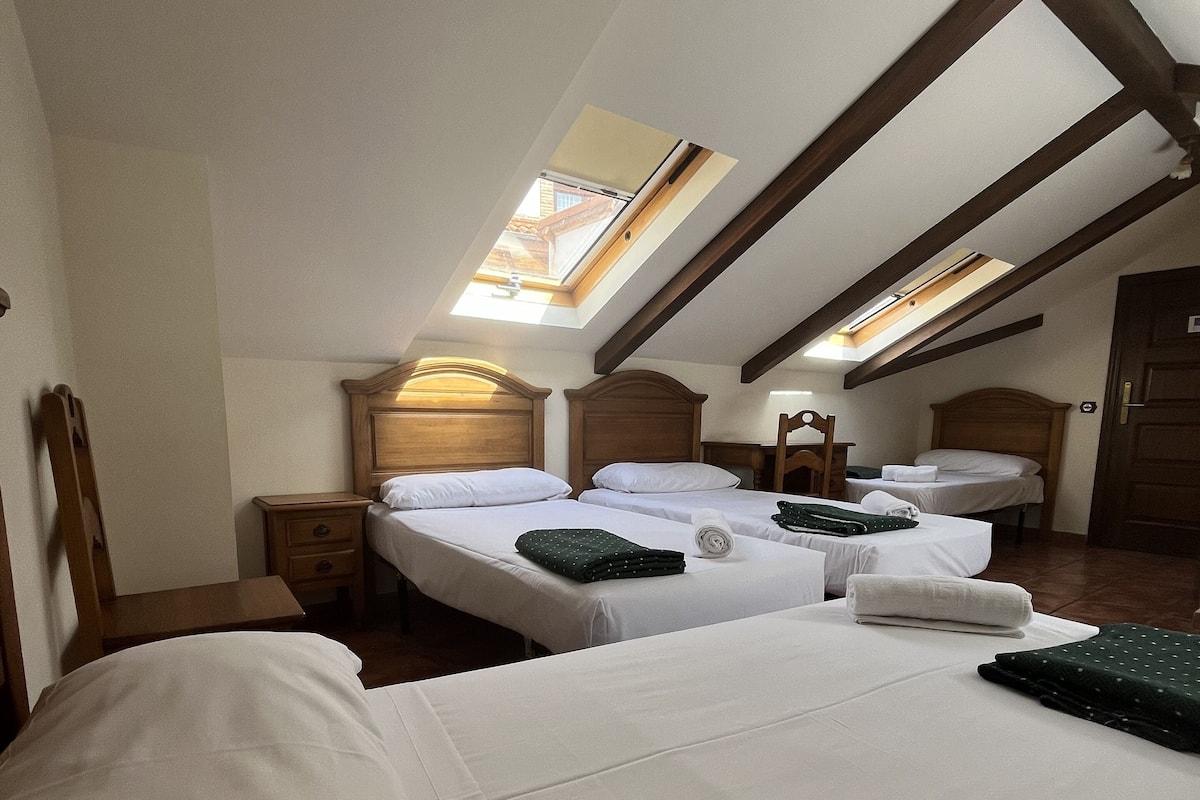 A room with two beds, a skylight, wooden beams, and a door.