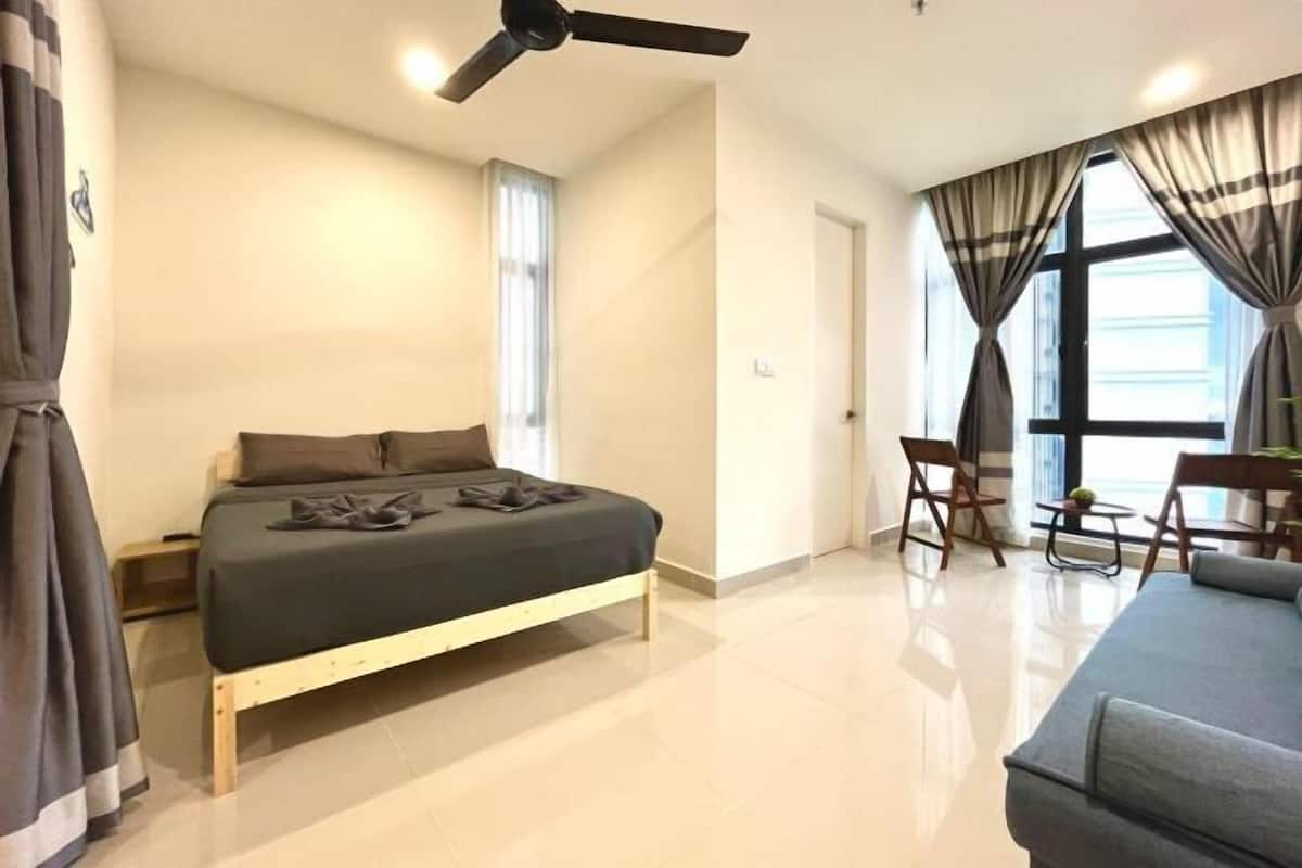 1 bedroom, desk, laptop workspace, iron/ironing board