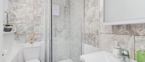 Shower, hair dryer, towels, soap