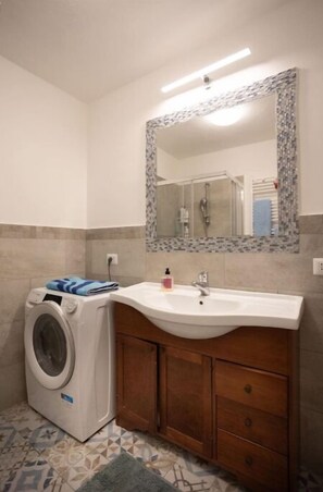 Shower, hair dryer, bidet, towels