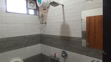 Shower, rainfall showerhead, towels, soap