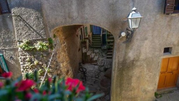 A narrow stone passageway leading to a wooden door, with a lantern on the wall and a small garden area with red flowers in the foreground. - CasaMatta2 Apartment in the heart of the medieval village of Giglio Castello. (Giglio Castello)